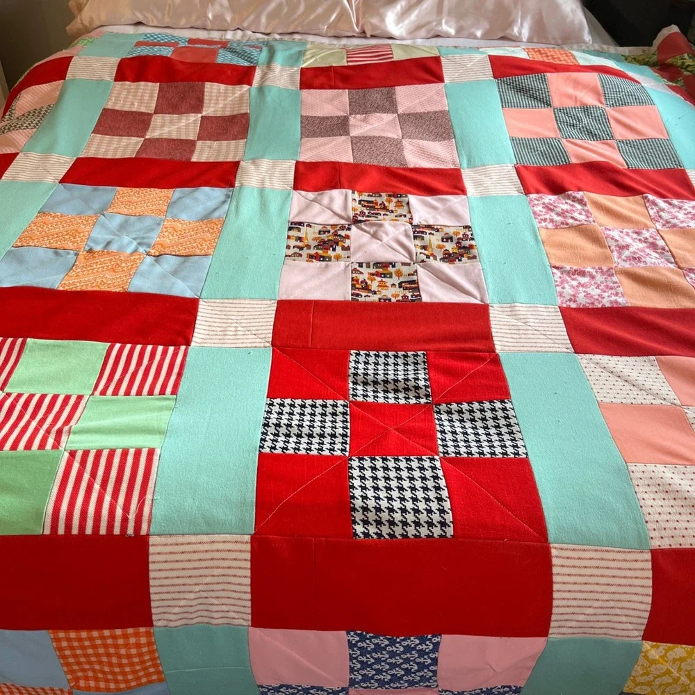 Quilt Patchwork Quilt Double Knit Polyester Colorful Handmade Nine Block F/W